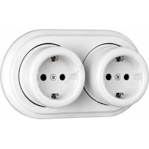 Elhard - Двойна керамична ретро стенна розетка с рамка SCHUKO 230V бяла (EF0055B)