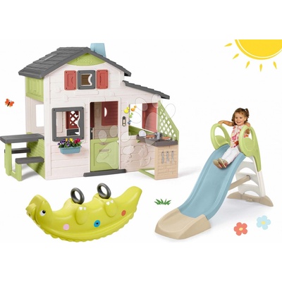 Smoby Set domček Priateľov a šmykľavka GM s vodnou hrou Friends House Life s elektronickým zvončekom a kuchynkou pre záhradníkov