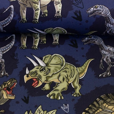 SWAFING Bavlněná látka Tim dinosauři na tmavě modré