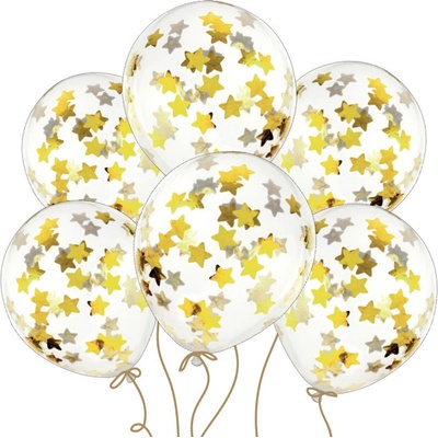 PartyDeco Balonky latex průhledné konfety zlaté hvězdy 30 cm