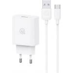 USAMS SC мрежово зарядно устройство с USB гнездо 18W, PD бързо зарядно устройство 3.0 + кабел Type-C, БЯЛО SCXLTZ02 (SCXLTZ02)