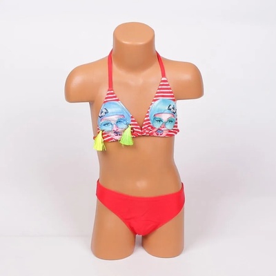 Детски бански в червено с апликация и пискюли