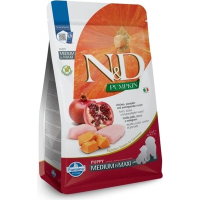 N&d grain free pumpkin chicken & pomegranate puppy medium maxy - пълноценна суха храна без зърнени култури за подрастващи кученца от средни и едри породи, с пилешко, тиква и нар - 2, 5 кг pnd0250118