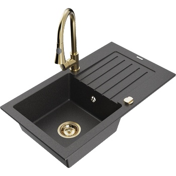 Mexen Pablo гранитна мивка с 1 отделение и капковник и кухненски смесител Elia, черен на точки - 6510-76-670101-50 (6510-76-670101-50)