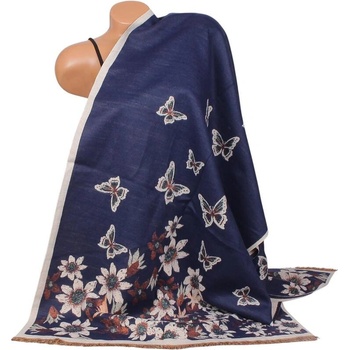 Кашмирен шал в тъмносиньо с цветя и пеперуди