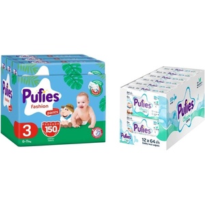 pufies Пелени гащи Pufies Fashion - Midi, размер 3, 150 броя, 6-11 kg, Multipack + мокри кърпички, 12 х 64 броя (70000090+54000197) - ozone
