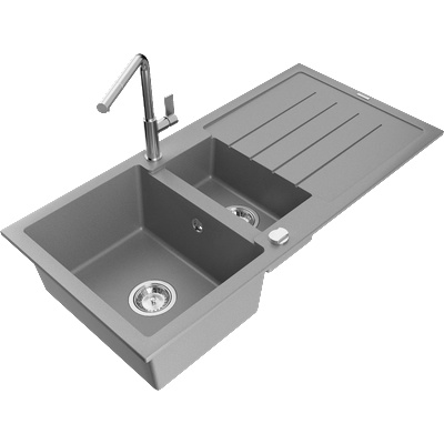 Mexen Andres гранитна мивка с 1, 5 камери с отцедник и кухненски смесител Flora, сив - 6515-71-670401-00 (6515-71-670401-00)