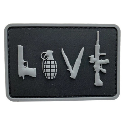 ARMED PATCHES PVC nášivka LOVE - Pistol Grenade Knife Rifle, Šedá – Zboží Dáma