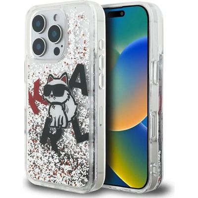 KARL LAGERFELD Кейс с течно брокат и лого на Karl Lagerfeld Choupette за iPhone 16 Pro - прозрачен (3666339464226)