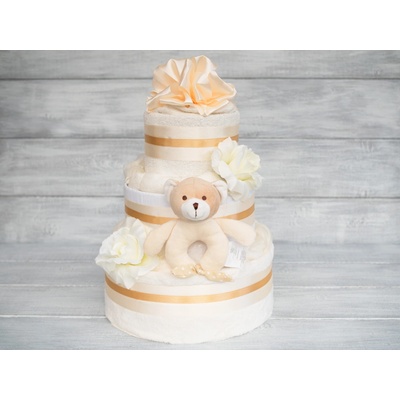 Pastell decor Plenkový dort třípatrový krémový originální dárek Velikost plenek: Vel. 2 Miminko váží 3 až 6 kg, Velikost oblečení: 50/56 Miminku jsou 0 až 2 měsíce