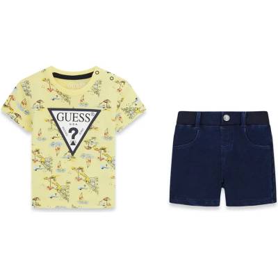 Guess Жълта тениска с щампи и къси деним панталони за бебе момче Guess