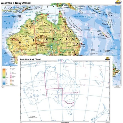 Cartographia Austrália a Nový Zéland + slepá mapa DUO (140x100 cm – 1:5000000), nástenná, fóliovaná, lištovaná