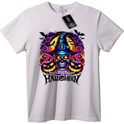 NOONEBRAND Тениска Хелоуин Skull с Вещерска Шапка - L, White