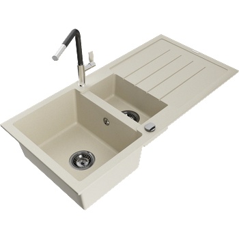 Mexen Andres гранитна мивка 1, 5-коморна с отцедник и кухненски смесител Flora, бежов - 6515-69-670401-07-B (6515-69-670401-07-B)