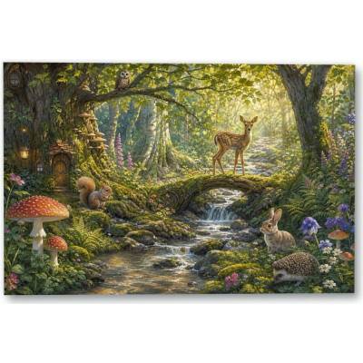 Plakát – Lesní zákoutí se zvířaty a potokem Bez rámu Ano Bez rámu 135 × 90 cm
