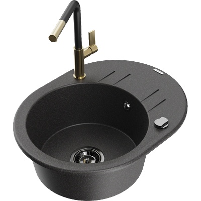 Mexen Kevin гранитна мивка с 1 корито с дренаж и кухненски смесител Flora, черен петнист - 6517-76-670401-57-B (6517-76-670401-57-B)