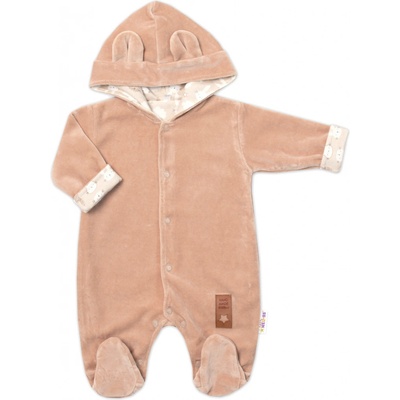 Baby Nellys Dvojvrstvový velúrový overal s kapucňou New Bunny hnedý