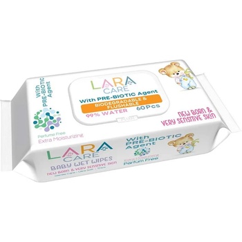 Lara Бебешки мокри кърпи 99% вода Lara Care - Prebiotic, 60 броя (54044)