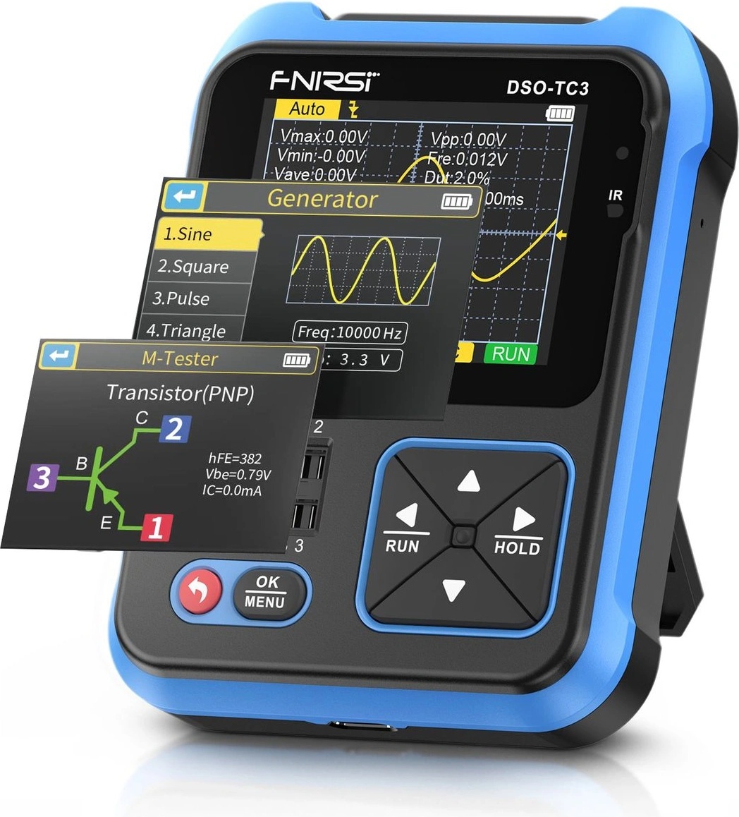 Fnirsi DSO-TC3 Ръчен цифров осцилоскоп, тестер за транзистори, генератор на сигнали 3 в 1, 2, 4" дисплей (DSO-TC3 blue)