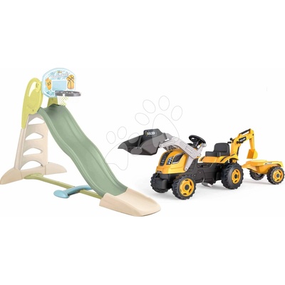 Smoby Šmykľavka s vodotryskom a traktor s prívesom Toboggan XL Slide Life nakladačom a bagrom 230 cm šmýkacia plocha