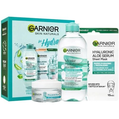 Garnier Skin Naturals Hyaluronic Aloe for Hydrating подаръчен комплект: гел за лице Skin Naturals Hyaluronic Aloe Jelly Daily Moisturizing Care 50 ml + мицеларна вода Skin Naturals Micellar Hyaluronic Aloe Water 400 ml + маска за лице Skin Naturals Hyalur