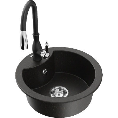 Mexen Diego гранитна кухненска мивка с 1 камера и кухненски смесител Savita, черен/златист металик - 6512-75-672601-70 (6512-75-672601-70)