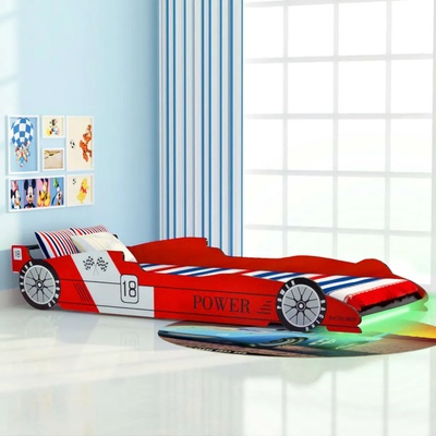vidaXL Детско легло състезателна кола, LED лента, 90x200 cм, червено (243936)