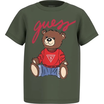 GUESS Зелена тениска с къс ръкав за мини момче с голямо цветно мече и надпис Guess