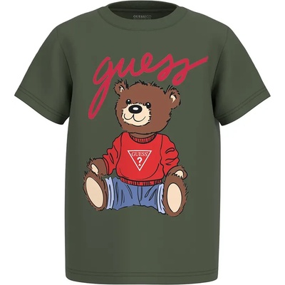 GUESS Зелена тениска с къс ръкав за мини момче с голямо цветно мече и надпис Guess