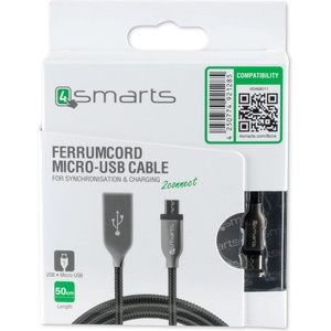 4smarts Компактен microUSB кабел с оплетка от неръждаема стомана (50 см) - 4smarts FerrumCord Stainless Steel MicroUSB Data Cable (черен-сив) (4S468511)