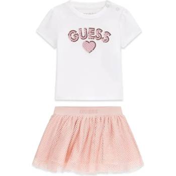 Guess Бяла тениска с надпис Guess с пайети и розова мрежеста пола за бебе момиче