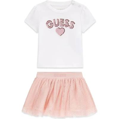 Guess Бяла тениска с надпис Guess с пайети и розова мрежеста пола за бебе момиче