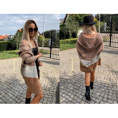 Fashionweek Pletený pruhovaný svetr kabát kabát s kapucí LINDA Capuccino