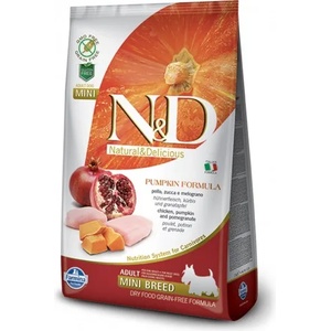 Farmina N&d grain free pumpkin chicken & pomegranate adult mini - пълноценна храна за кучета в зряла възраст над 1 година от дребните породи с тиква, пиле и нар 7 кг pnd070202s