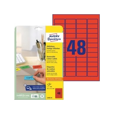 Etikety Avery odnímateľné 45,7x21,2 mm červené