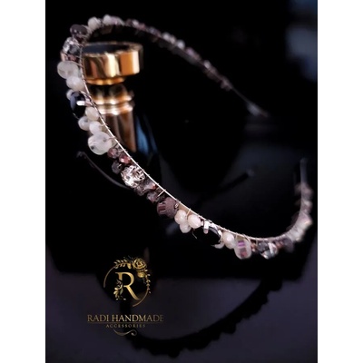 Radi handmade Официална диадема със светло екрю и графитено черни перли и кристали (393)