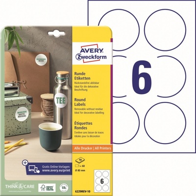 Avery Zweckform 6229REV-10 Kulaté etikety 80mm 60 ks bílá – Zboží Dáma