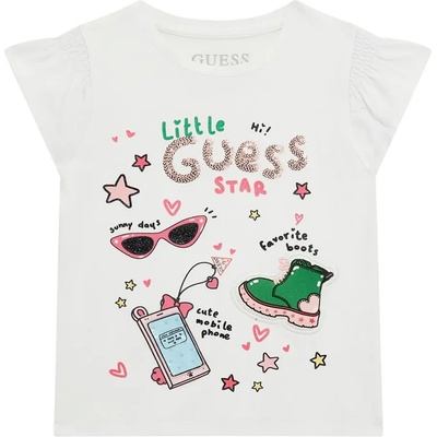 GUESS Бяла тениска за мини момиче с много цветни детайли, пайети и глитери Guess