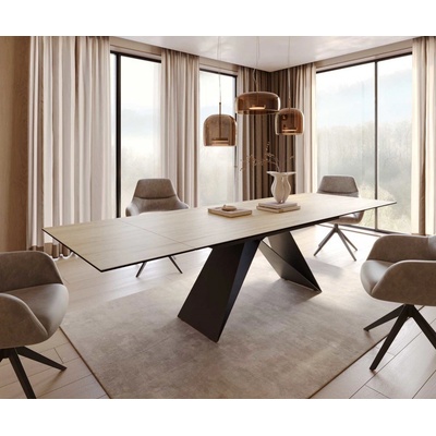 DELIFE Edge 200-300 x 100 keramika Laminam sabbia dubová barva podnož ve tvaru V plochá ocel černá rozkládací
