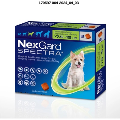 NexGard Spectra 38 mg/8 mg M 7,5–15 kg žuvacie tablety 3 x 1 tbl.
