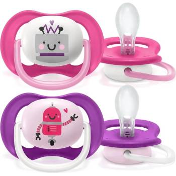 Philips Залъгалки Philips Avent - Ultra Air Happy, с декорация Роботи, 6-18 m, 2 броя (00A.0523.004-girl)