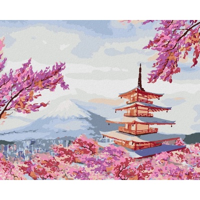 zuty Malování podle čísel Japonsko chrám a růžové květiny 80 x 100 cm bez rámu a bez vypnutí plátna 8596530059141