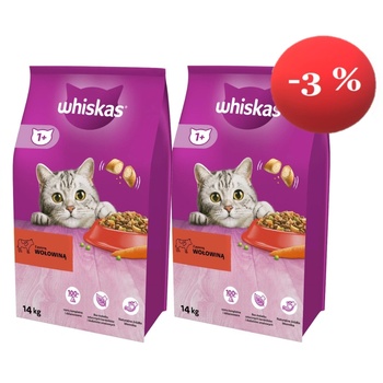 Whiskas Adult 2x14кг - суха храна за възрастни котки, с вкусно говеждо месо