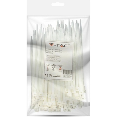 V-TAC Sťahovacia páska na káble 4.5x150mm, biela, 100ks balenie [11171]