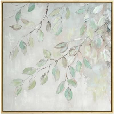 Ručne maľovaný obraz na plátne s motívom zelených listov I 60x60cm - krémový