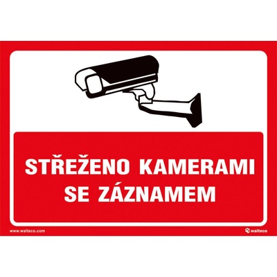 Walteco Střeženo kamerami se záznamem (červená), 210x148mm, formát A5, samolepka Množství: 1 ks , 20054