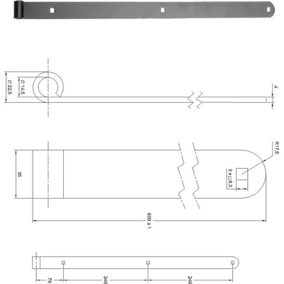 Kování pásové 600x35x4 mm, otvor pro čep ø14 mm, černá barva