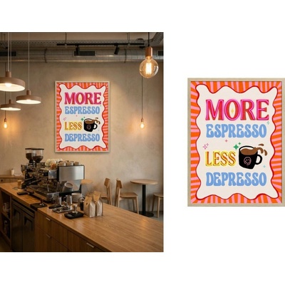 LED obraz s motivačným nápisom – More Espresso, Less Depresso 63 × 83 cm