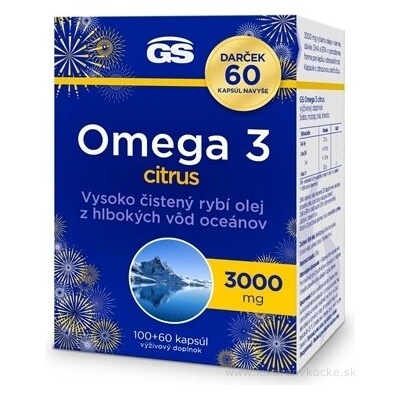 GS Omega 3 + vitamín D3 rybí olej s EPA/DHA citrónová príchuť 160 kapsúl