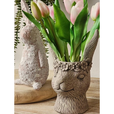 Clayre & Eef Šedý květináč v designu zaječí slečny s květinami 13x13x21 cm